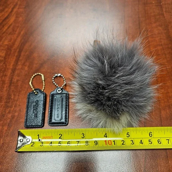 3pc COACH Bag Charm Lot - Auth Black Leather Hangtags & Large Fluffy Pom Pom - Picture 5 of 5